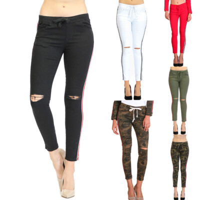 American Bazi Women's Casual Destroyed side Striped Band Joggers RJJ944