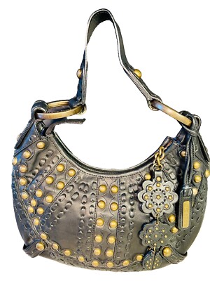 Isabella Fiore Purse Vintage Black Hobo Brass Studs Hardware Hendrix 90  Leather