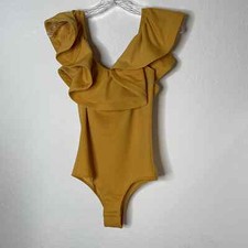 MISA Los Angeles Ruffle Stretch Bodysuit Womens Size Small Mustard Yellow