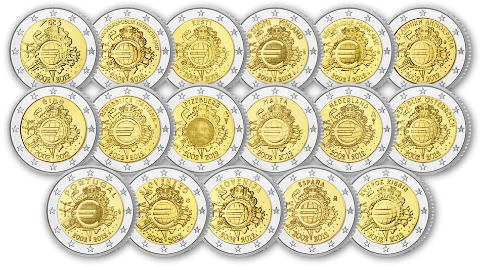 2 EURO "10 JAHRE EURO - BARGELD" 2012 bankfrisch ALLE 21 MÜNZEN (mit BRD) - Bild 1 von 1