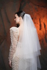 Two Tier Tulle Fingertip Bridal Wedding Veil With Blusher for Bride