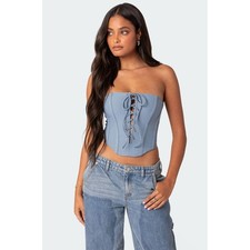 Edikted Blue Lace Up Corset Top Strapless Boned Small NWT