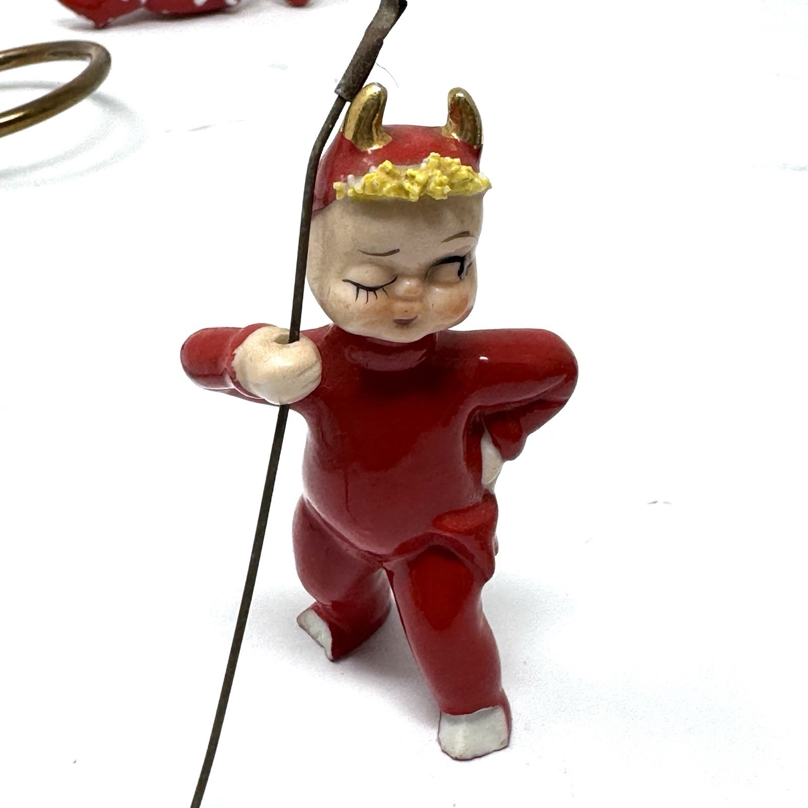 Set of 2 Vintage Japan Pixie Elves Red Devil Pitchfork Ceramic Mini Figurines