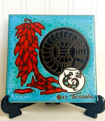 Teissedre Tile Coaster Turquoise Southwest Native American Red Chili Pepper 1983