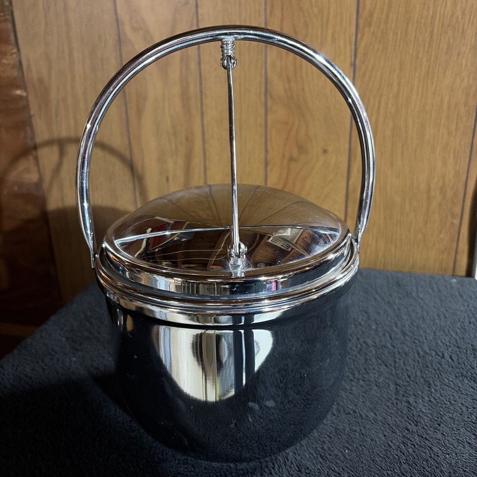 VTG MCM Silverplate Ice Bucket Hinged Lid Attached Pyrex Glass Insert 7”D 11.5”T