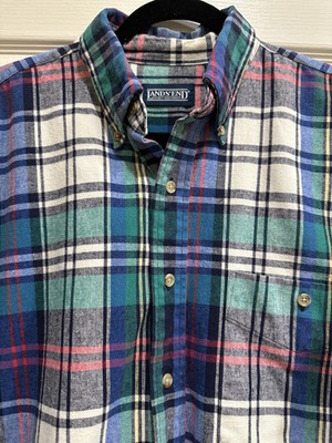 LANDS' END Men's L/S Green Blue White Plaid Button Down Shirt Size L (16-16H)