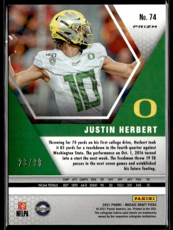 L42,221 -  2021 Panini Mosaic Draft Picks Mosaic Red #74 Justin Herbert /99 - Image 2 of 2