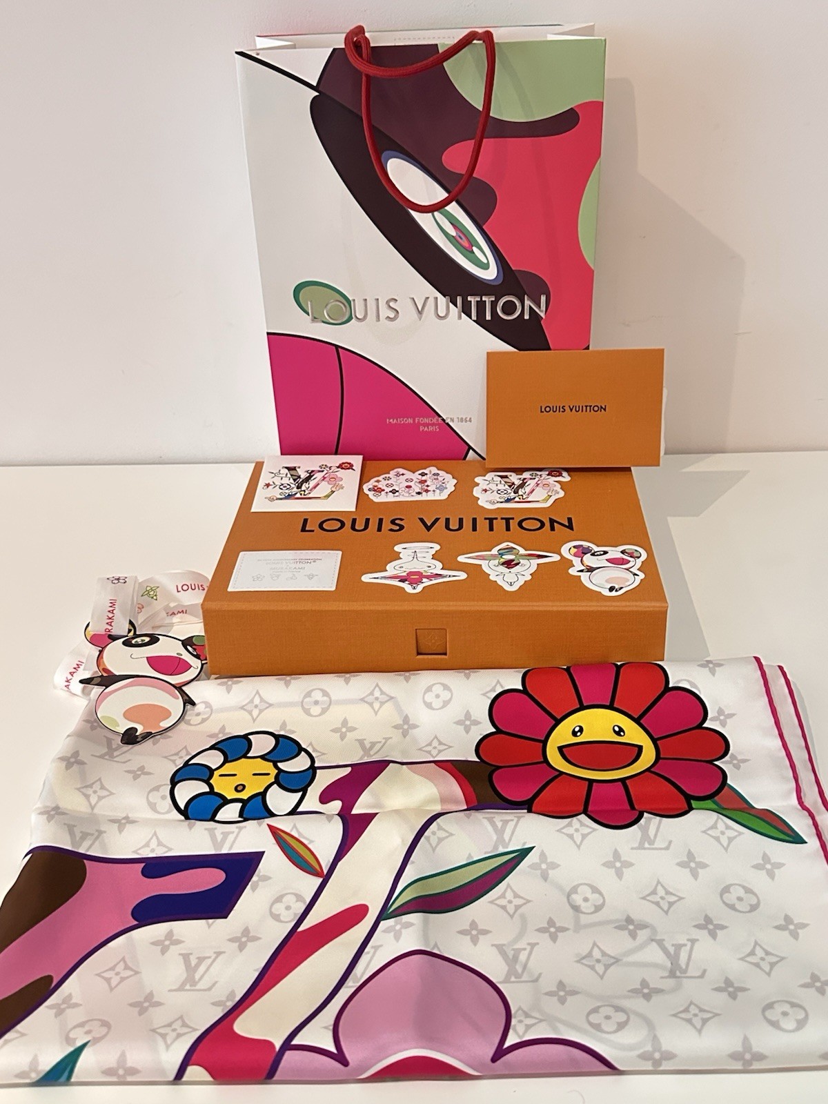 New In Box! Louis Vuitton x Takashi Murakami Superflat Square Silk Scarf  *Rare