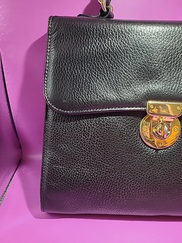 复古 Francesco Biasa 黑色皮革 Turnlock 手提包 意大利 — 第 3/4 张图片