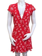 Reformation Wrap Dress  Red Floral Frayed Trim Viscose Short Sleeves Size Small