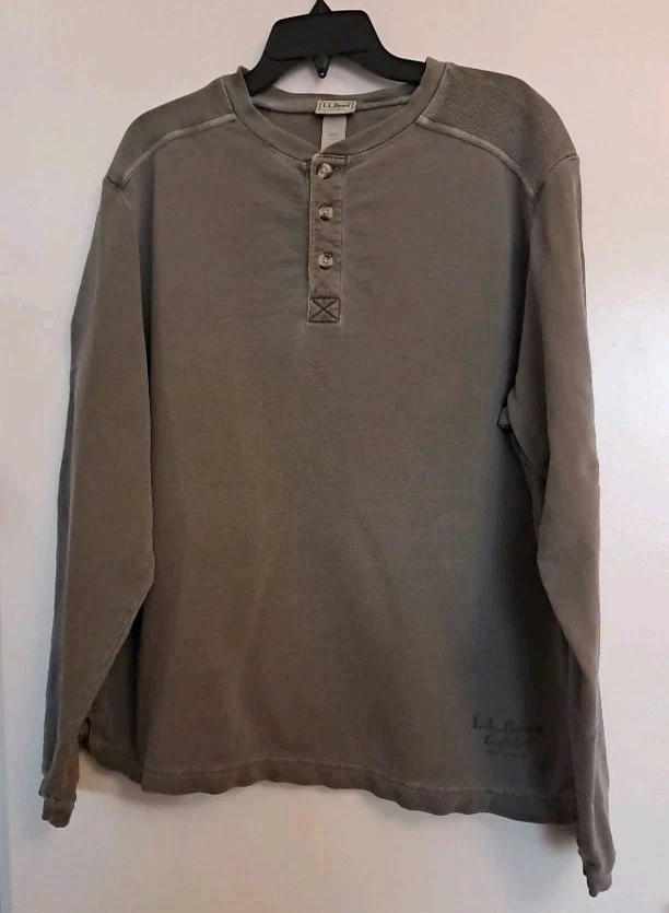 VTG L.L. Bean Mens Sz L Henley Long Sleeve Shirt Green 100% Cotton Button Grunge - Image 2 of 4