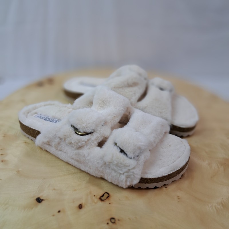 Primark Memory Foam White Faux Fur Double-buckle Slipper Sandals Women Size 9/10