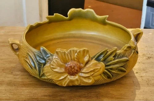 Vintage Roseville Pottery  Peony Flower 429-8" Console Bowl VASE Brown USA