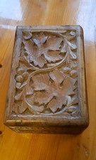 Black Forest Carved Floral Wooden Box. Blue Lining Hinged Lid Quality Condition