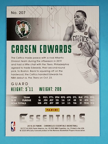 2019-20 Panini Chronicles Essentials RC Carsen Edwards Boston Celtics #207 - Picture 2 of 2