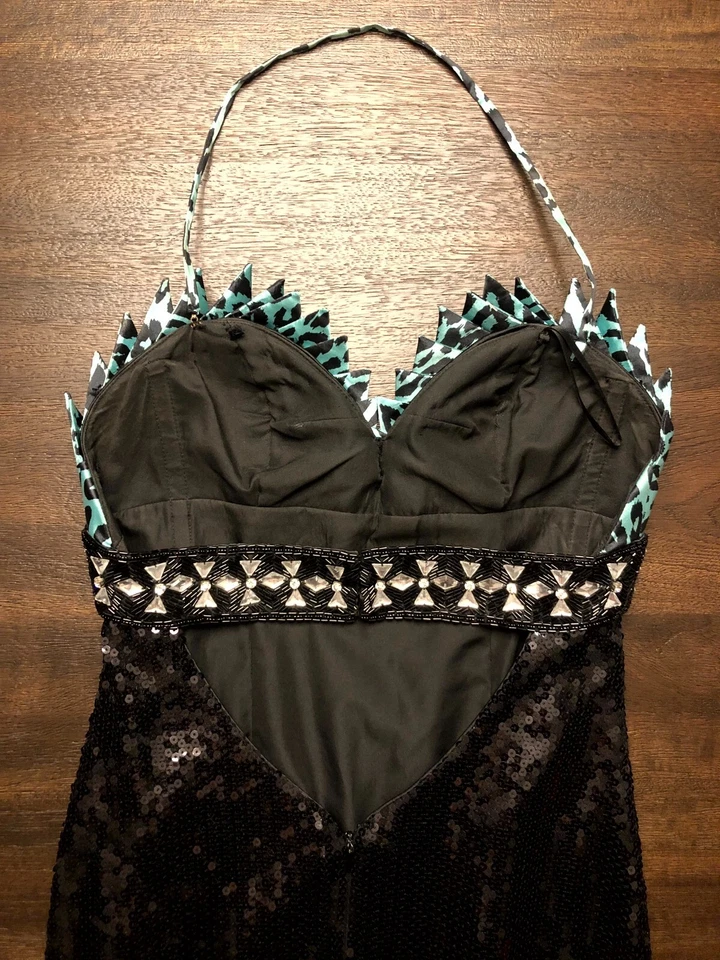 Maxi Vestido de Noche Terani Para Mujer Negro Azul Estampado Animal Lentejuelas Talla 6 Foto 4 de 4