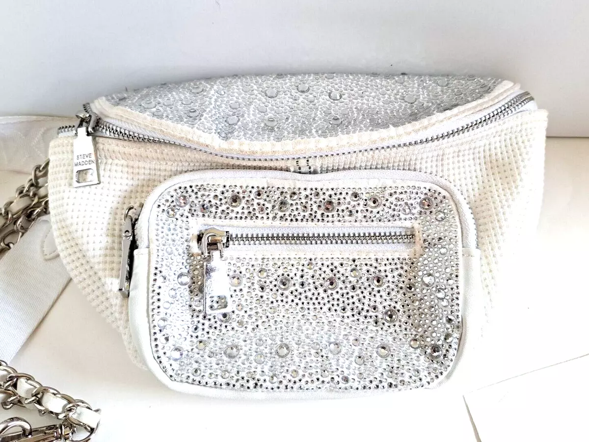 STEVE MADDEN White BMAXIMA Rhinestone GUITAR Strap CROSSBODY Bag COIN Purse  Tags