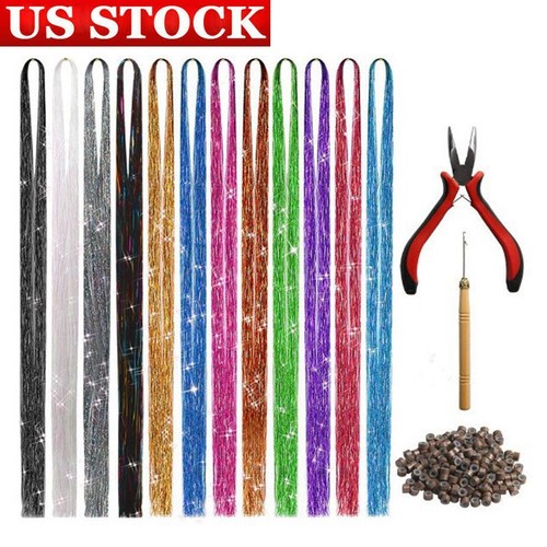 2400 Strands Hair Extension Tinsel with Tools Set 12 Colors Sparkle Hair Streak - Picture 16 of 16