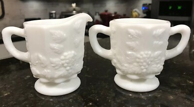 Vintage Westmoreland White Milk Glass Paneled Grape Cream and Sugar Set