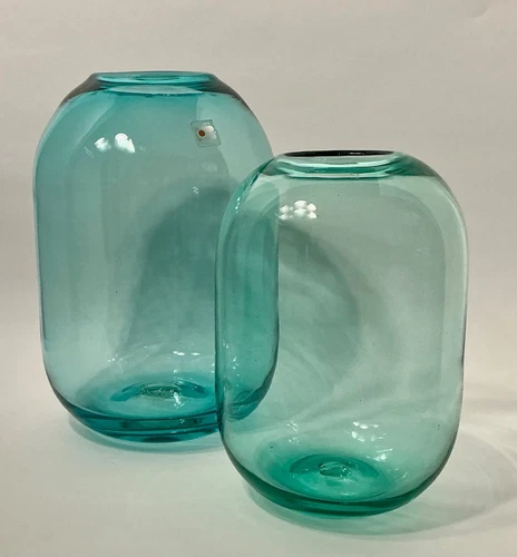 PAIR Don Shepherd Blenko Blue Glass Modernist Pill Vases Large & Medium Ca 1981