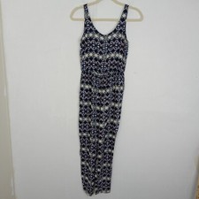 Hollister Womens Jumpsuit Size XS Blue Sleeveless Geometric Buttons Tie Scoop