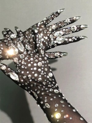 Mesh Black Gloves Shining Crystals Stones Long Mittens Rhinestones Stretch 