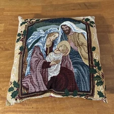 Vintage Baby Jesus Mary Joseph Christmas throw pillow tapestry Holiday 16 x 16”