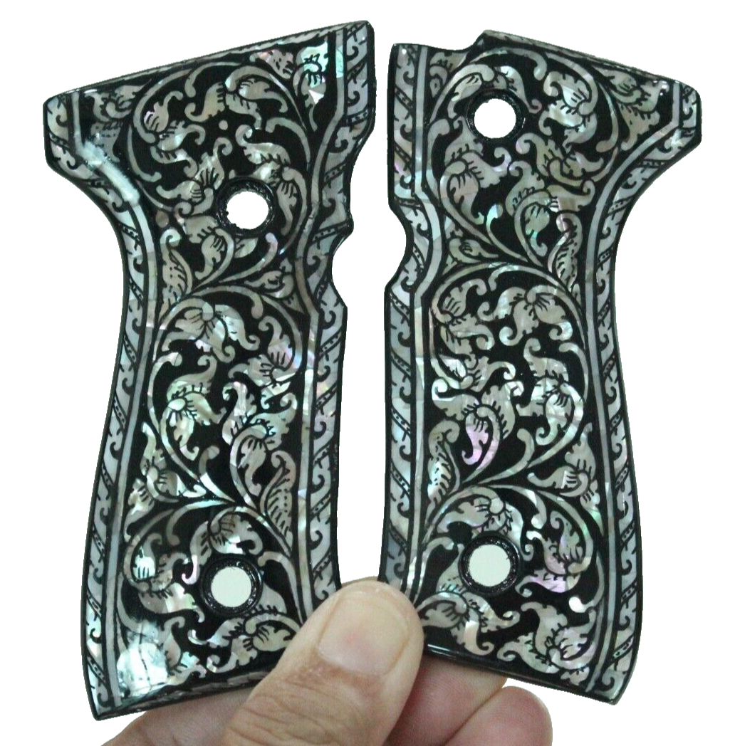PEARL GRIPS FOR BERETTA 92FS FULL SIZE 92 96 M9 92A1 BLACK FLOWER
