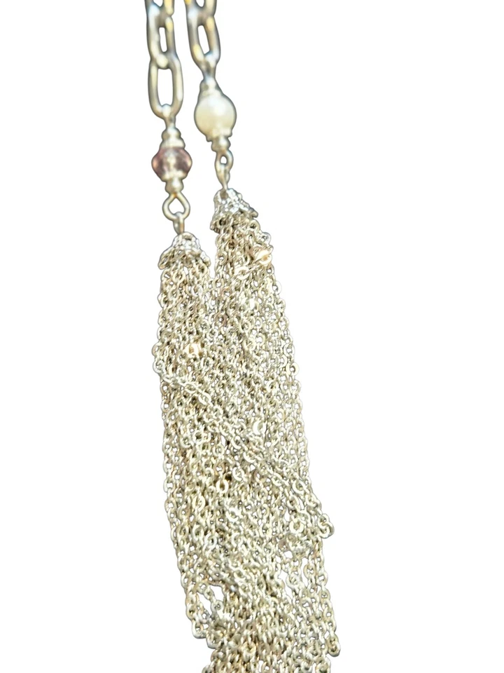 Collar Largo Premier Tono Plateado Blanco Perla Rosa Cristal Cuentas Con Borlas... Foto 3 de 4