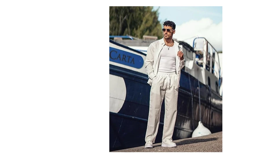 COOFANDY Para Hombres Conjunto Coordinado Blanco Lino Pantalones y Camisa Conjunto Informal Lino, M Foto 2 de 4