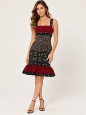 Oscar de la Renta Black Red Geometric Print Ruffle Hem A-Line Dress Size 6