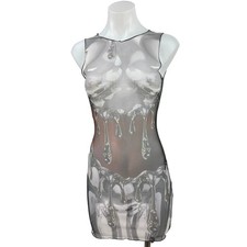 NEW PrettyLittleThing Silver Body Print Mesh Sleeveless Bodycon Mini Dress Sz 6