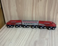 Toys R Us Wooden Passenger Train 3 Pc Set Red Silver 2 Engines 1 Passenger Car