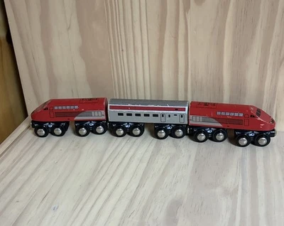 Toys R Us Wooden Passenger Train 3 Pc Set Red & Silver 2 Engines 1 Passenger Car - Image 1 of 4
