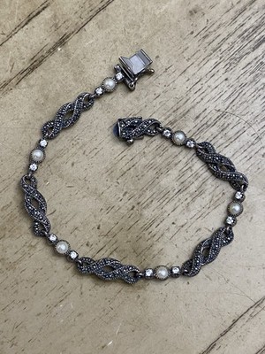 JUDITH JACK VINTAGE STERLING 925 SIGNED MARCASITE FAUX PEARL BRACELET SIZE 7 