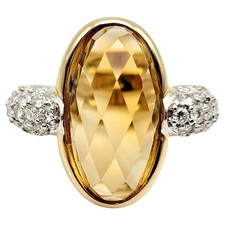 9.46 Carat Fancy Cut Oval Citrine Ring with Pav  Diamonds 18 Karat Yellow Gold