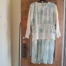 Vtg 70s Cotton Gauze Cream Green Floral Shirt Skirt 2 Piece Set Beads M -L Boho