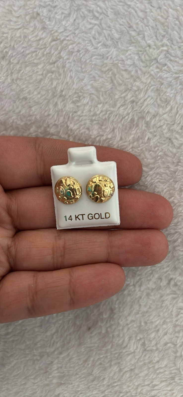 14K Yellow Gold Round Stud Earrings for Lobe, nugget style