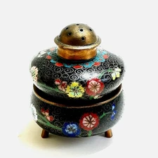 Chinese Cloisonne Open Salt & Pepper Vintage Enamel Brass Floral Black Red Blue