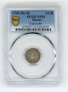 MEXICO 1751MO M 1/2 REAL SILVER COIN SLABBED PCGS VERY FINE 25 KM #67.1