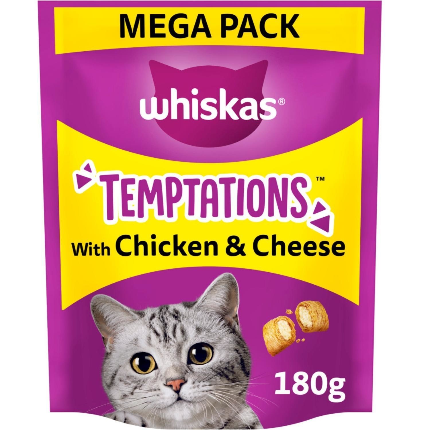 8 x 180g Whiskas Temptations Adult Cat Treats Chicken & Cheese 1440g