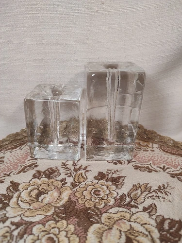 2 MCM Blenko Art Glass Ice Cube Candle Stick Holders Recycled Texture Clear EUC