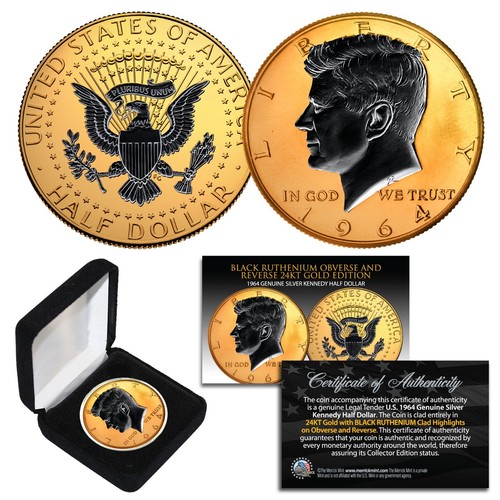1964 BU Silver JFK Half Dollar 2-Sided 24K GOLD & Black Ruthenium Highlights BOX - Picture 3 of 3