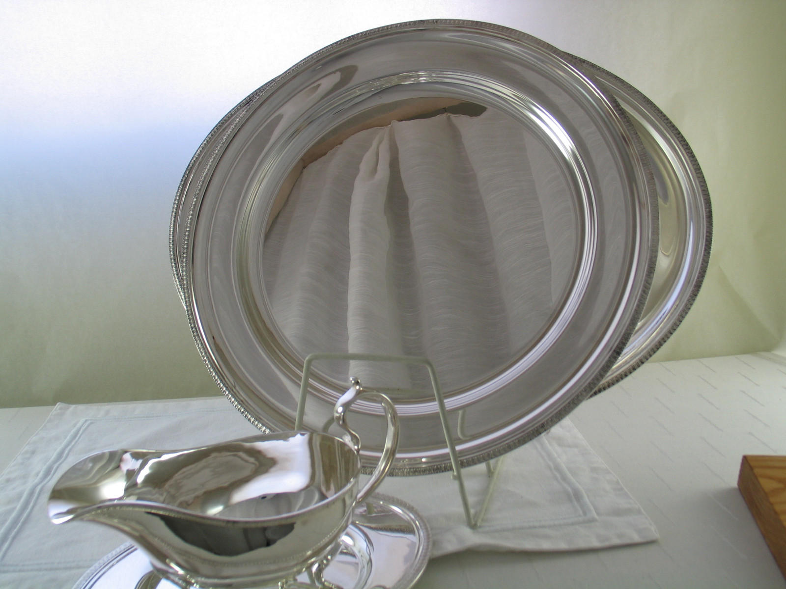 Silver Oval, Round Platters and Sauce Boat  French Gadroon, Applied Border