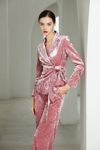 Velvet Women's Suits Peak Lapel Belted Business Casual Winter Warm Size Custom - Picture 3 of 14