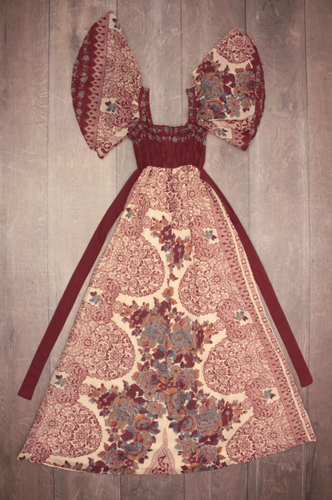 Vtg Women's 70s Maroon & Cream Floral Peasant Flutter Sleeve Dress XXS/XS 1970s - Picture 8 of 13
