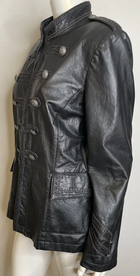 Double D Ranch Black Leather Military Jacket L Pockets Silver Eagle Button Braid - Image 3 of 4