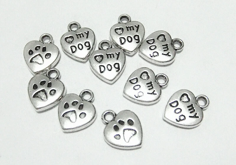 10pz ciondoli charms Cuore 'love my dog ' 13x10mm colore tibetano bijoux