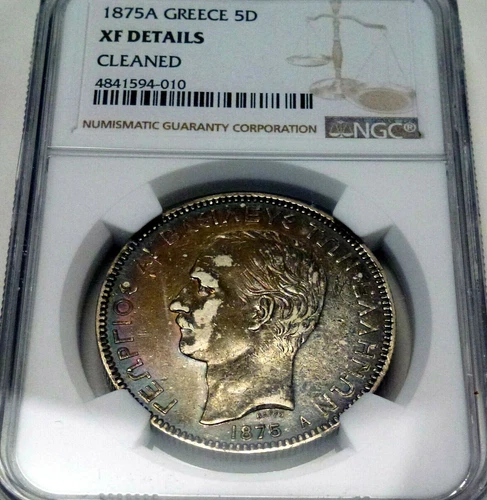 1875 A GREECE 5 Drachma Silver King George l NGC XF Details Cleaned Rainbow Tone