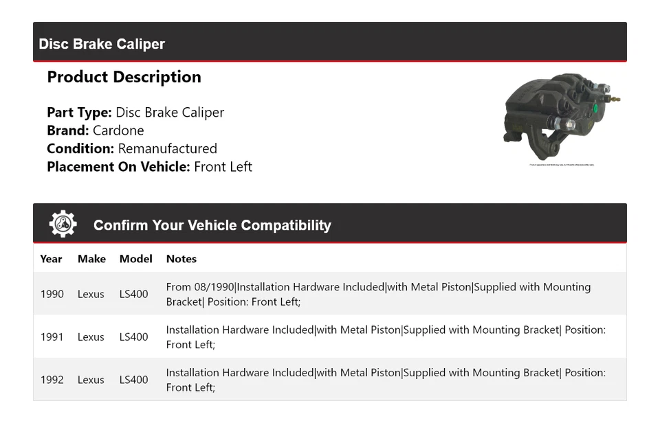 Pinza de freno de disco delantera izquierda cardone 1991 para Lexus LS400 1990-1992 Foto 2 de 4